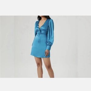 Teal Blue Satin Minidress Long Sleeves Size Small
